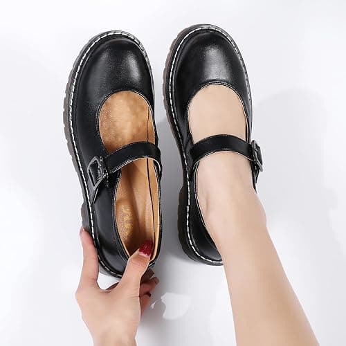 XMM Mary Jane Shoes Women Oxford Shoes Leather Round Toe Flats Non-Slip Ankle Buckle Strap Comfort Casual Dressy Cosplay Party School Work Shoes thumbnail 2
