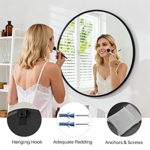Atilioo Bathroom Mirror for Wall, 24 Inch Round Mirror, Matte Black Metal Framed Circle Vanity Mirror for Bathroom Bedroom Living Room Entryway, Anti-Rust, Tempered Glass, Hanging or Leaning thumbnail 6