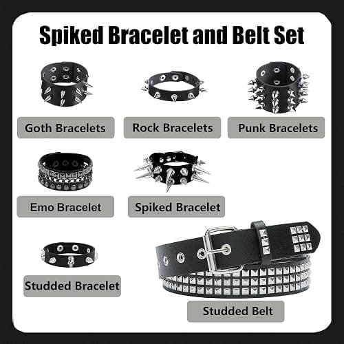 YMO Black Studded Belt, Spiked Bracelets Punk Rock PU Leather Belt | Y2K Goth Emo Belt, Adjustable, Waist 31" - 36", Punk Accessories, Alt Grunge Studded Bracelet Cuff Men Women thumbnail 3