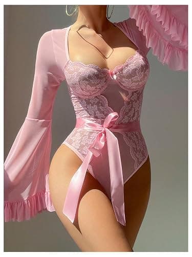 SHENHE Women's Lace Lingerie Sheer Mesh Bell Long Sleeve Low Cut Underwire Teddy Bodysuit thumbnail 5