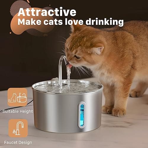 Cat Water Fountain Stainless Steel: 2.2 L Cat Fountain for Drinking - Automatic Pet Water Fountain for Cats Inside - Metal Cat Dog Water Dispenser Bowl with Faucet Water Level Window Ultra Quiet Pump thumbnail 8