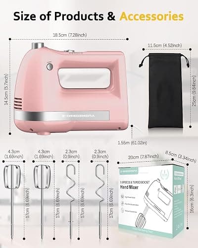 Z-DESDEMONA Electric Hand Mixer, Powerful 300W Hand Mixer Electric Handheld with 304 Beaters, Dough Hook,Hand Held Mixer with Turbo for Baking Cakes, Eggs, Cream Food(Pink) thumbnail 3