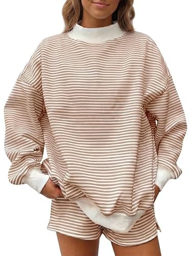 Fisoew Womens Striped 2 Piece Matching Sets Mock Neck Workout Lounge Outfit | Oversized Sweatshirts, Casual Shorts, Comfy Y2K Sweat Sets, Side Pockets, High Waisted Drawstring, Spring Fall Outfits - Image 1