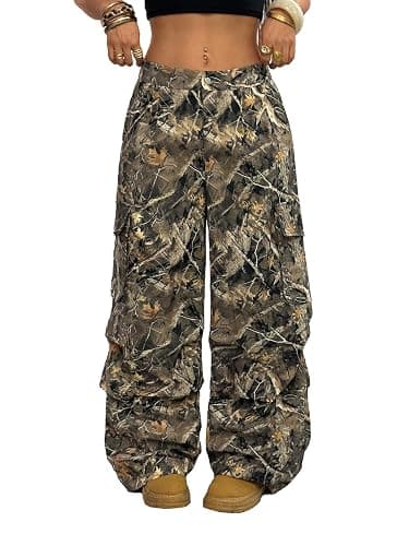 OYOANGLE Women's Camo Print Baggy Cargo Pants Elastic Waist Flap Pocket Straight Leg Trousers Streetwear - Image 1