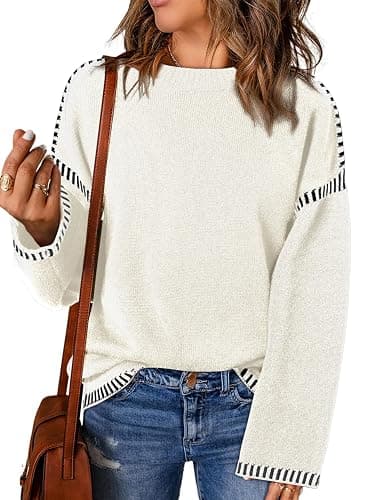 Dokotoo Sweaters for Women Fashion Solid Crewneck Loose Fit Long Sleeve Contrast Cable Knit Pullover Sweater Jumper Tops - Image 1