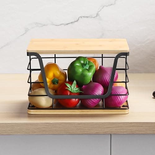 ALOCEO Large Wire Basket for Kitchen Pantry, Stainless Steel Kitchen Counter Organizer for Potato Onion, Trash Bag Dispenser Under Sink with Bamboo Top, Black thumbnail 2