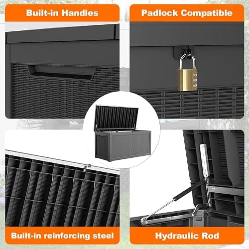 PatioZen 320 Gallon Resin Deck Box, Lockable Patio Outdoor Storage Box for Furniture, Garden Tools and Tools Storage, Waterproof Outside Storage Boxes - Black thumbnail 4