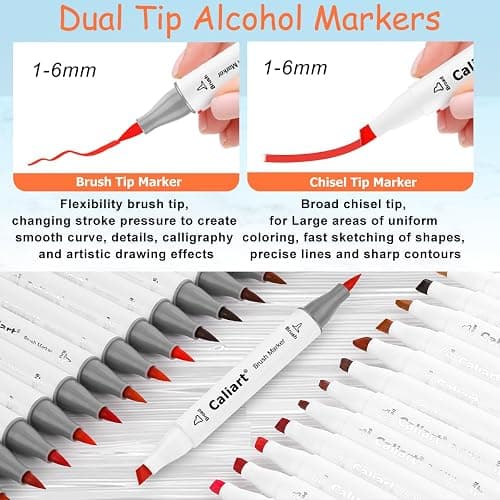 Caliart Alcohol Markers Brush Tip - 121 Colors Dual Tip Art Markers Set for Adult Coloring Books Artist Drawing Illustration Sketching, with Case Permanent Alcohol Based Colored Chisel & Brush Pens thumbnail 8