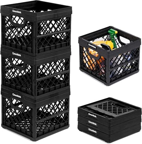 CleverMade Collapsible Milk Crate, Black, 3PK - 25L (6 Gal) Stackable Storage Bins, Holds 50lbs Per Bin - Clevercrates are Heavy Duty, Plastic Collapsible Storage Crate for Multi Purposes - Image 1