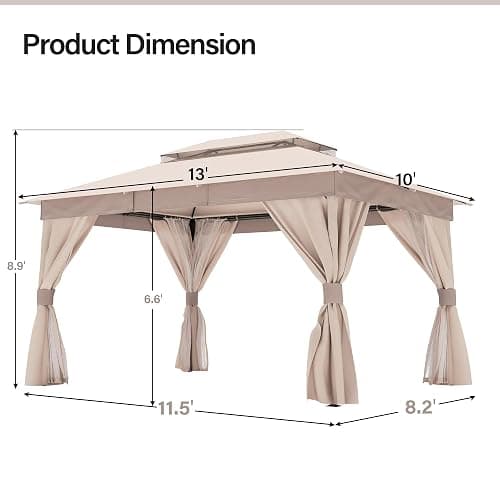 LAUSAINT HOME Semi-permanent Patio Gazebo 10'x13' with Expansion Bolts, Outdoor Heavy Duty Party Shelter with Double Roof, Mosquito Nets and Privacy Screens for Backyard, Garden, Lawn, Champagne Khaki thumbnail 2