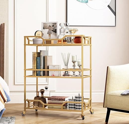 LORMITER Square Gold Bar Carts with 3 Tier Storage Glass Shelves Holder Home Serving Bar Carts on Wheels for Kitchen, Bar, Dinning Room - Square Carts - Image 1