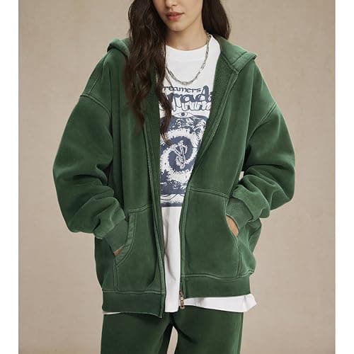 Talakeno Womens Double Zip Up Hoodies Oversized Heavyweight Fleece Sweatshirt Acid Wash Hoodie Vintage Distress Cotton Jacket thumbnail 2