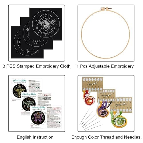 Louise Maelys 3 Sets Tarot Embroidery Kits for Beginners,Cross Stitch Kit for Adults,Crewel Starters Needlepoint with Moon, Butterfly, Bee and Moth Pattern and Tool - Tarot thumbnail 2