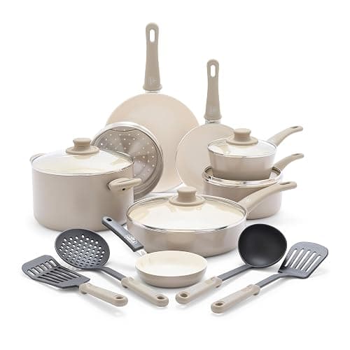 GreenLife 16 Piece Nonstick Cookware Set, Soft Grip Non-Toxic PFAS-Free Ceramic Pots & Pans, Dishwasher & Oven Safe, Frying, Sauce, Saute, Utensils, Glass Lids, Stay-Cool Handles, Wobble Free, Taupe - Image 1