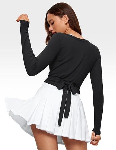 INGIA Womens V-Neck Long Sleeve Cross Wrap Top Slim Fit Soft Knit Layering Shirt Casual Yoga Gym Bandage Tie Tops thumbnail 2