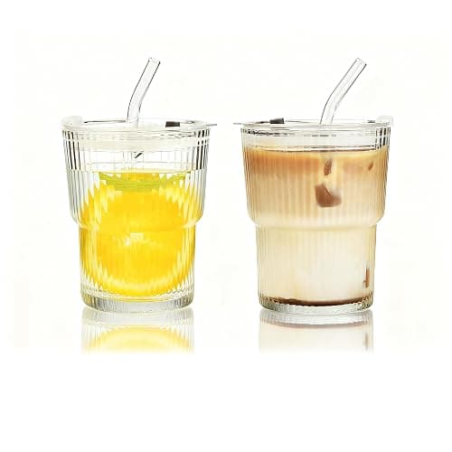 Haundry 14 oz Ribbed Glass cups with Lids and Straws, 2 Pack Iced Coffee Cups, Thickened Glassware Set, Ripple Design Glass Cups for Coffee, Soda, Smoothies, Cocktails and Juice - Image 1