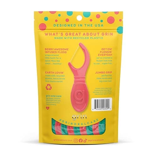 GRIN Kiddo Flossers, Berry Awesome Flavor, Recycled Plastic, Jumbo Grip, Get Your KIDDOS Flossin’ Early, Larger Floss Head, Child Safe! 80 Count, Floss Picks, Dental Flossers thumbnail 2
