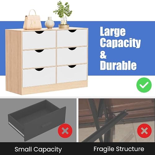 Housoul 6 Drawers Dresser for Bedroom with 6 Fabric PU Drawer, Black Dresser with Large Organizer, Closet Chest of 6 Drawers for Closet, Living Room, Hallway, Oak thumbnail 4