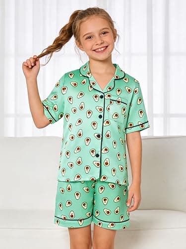 Vopawetty Satin Pajamas for Girls, 4-Piece Short Sleeve Button Down Silky PJ Set thumbnail 5