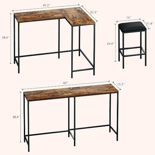 Bar Table and Chairs Set for 2-4, 63'' Convertible L-Shaped Kitchen Table with Power Outlets, 3 Piece Counter Height Small Dining Table with 2 Stools, Space Saving, Breakfast Nook Corner, Rustic Brown thumbnail 2
