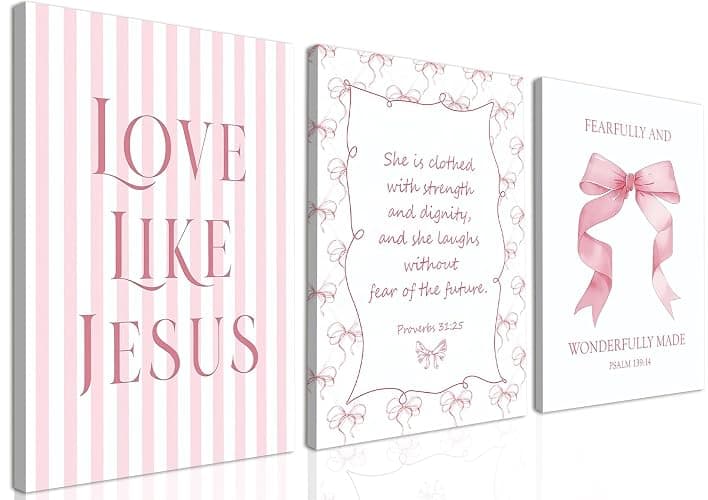 Coquette Pink Bow Wall Art Set of 3, Light Pink Christian Wall Decor Pictures, Jesus Verses Bible Canvas Posters Paintings Preppy Prints for Teen Girls Dorm 12 Year Old Girl Room 12x16 Inch Framed - Image 1