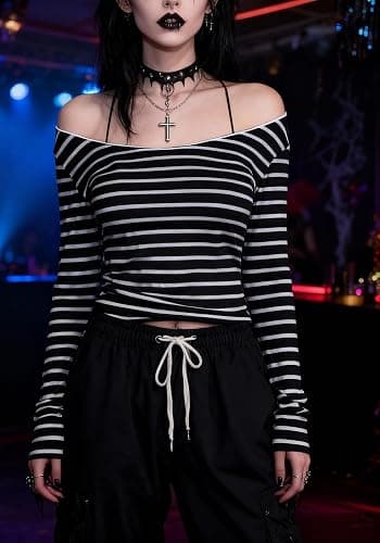 EMMIOL Off The Shoulder Tops for Women Striped Long Sleeve Shirts Going Out Top Y2k Fall Clothes thumbnail 2