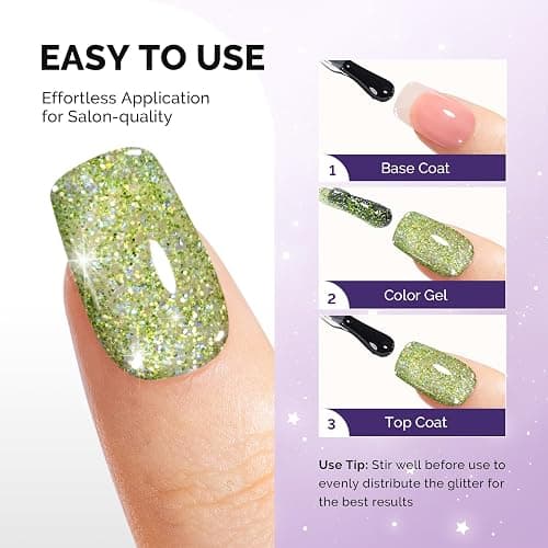 MelodySusie Galaliver Green Glitter Gel Nail Polish, 15ML Sparkly Bright Green Shimmer Gel Polish Soak Off UV LED Cured Long Lasting Gift for Women DIY Nail Design Nail Art Manicure X08 thumbnail 3