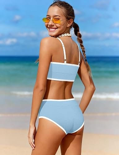 ZAANTI Girls Swimsuit Two Piece Scoop Neck Solid Color Bikini Set Adjustable Strap High Waist Bathing Suit for Girls 9-16Y thumbnail 4