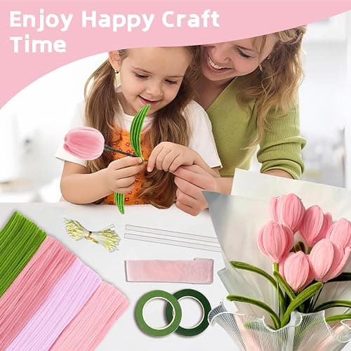 CllyCnny Pipe Cleaners Craft - 400 PCS Chenille Stems DIY Flowers Kit Green Pink 4 Colors Pipecleaners Bulk with Instruction Floral Stems Stamens Tapes Ribbons for Tulips Bouquet Making Supplies thumbnail 6