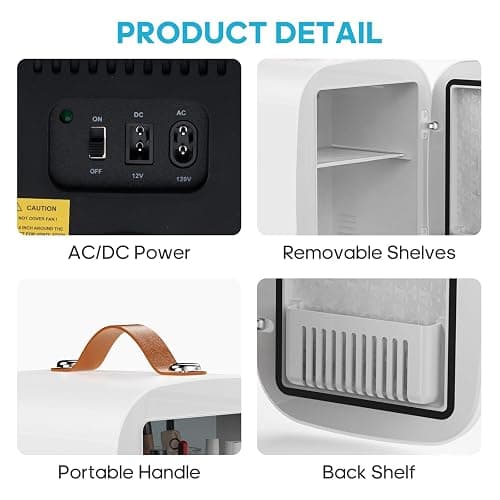 DUMOS Mini Fridge for Bedroom, 4L Compact Personal Fridge Cooler For Skincare, Drinks, And Snacks, Fits 6 Cans, Mini Refrigerator with 110V Ac/12V Dc, Ideal For Car, Dorm, White thumbnail 7