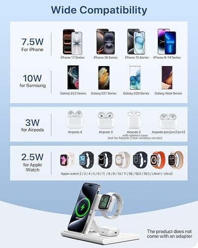 Wireless Charger,Foldable 3 in 1 Wireless Charger Stand for Apple Watch,Airpods Pro/3/2,Fast Wireless Charging Station for iPhone 17/Air/16/15/14/13/12/11/XS/XR/X/8（No Plug Included) thumbnail 4