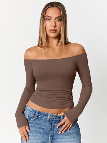 Trendy Queen Womens Long Sleeve Off The Shoulder Tops Going Out Cute Basic Y2K Fall Fashion 2025 Outfits Clothes thumbnail 2