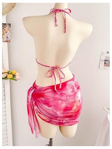 OYOANGLE Women's 3 Piece Swimsuits Tie Dye Floral Triangle Bikini Set with Sarong Cover Ups Vacation Bathing Suits thumbnail 2