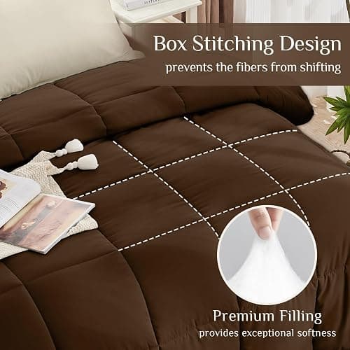 JOLLYVOGUE Queen Comforter Set, Ultra-Soft Bed in a Bag Queen Size 7 Pieces, Oeko-TEX Certified Bedding Set with Down Alternative Comforter, Sheets, Pillowcases & Shams, Brown & Beige thumbnail 3