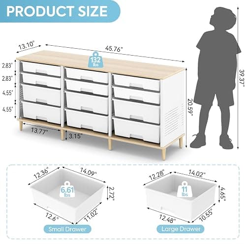 12 Drawers Storage Cabinet with Wooden Top and Plastic Bins, Toy Shelf Storage Chest Cubby Organizer for Home, Office, Playroom, Classroom & Craft Room Storage (White) thumbnail 3