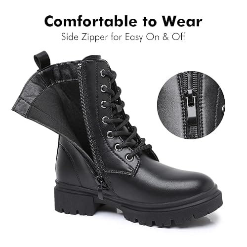 Ahannie Girls Combat Boots Kids Black Boots with Side Zipper | Easy On/Off, Cushioned Comfort, Lace-Up for Fit, Cute Star Detail thumbnail 4