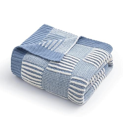Amélie Home Checkered Knit Throw Blanket for Couch, Chenille Texture Decorative Soft Blanket for Sofa & Chair, 50"x60", Blue & White thumbnail 6