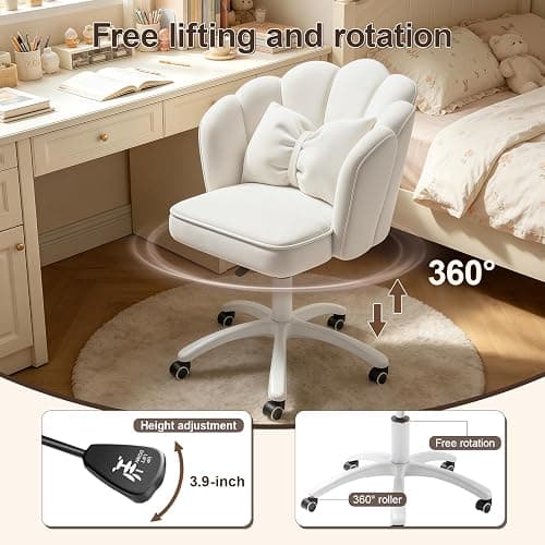 XUEGW Petal Desk Chair with Bow Cushion Velvet Vanity Chair with Wheels, Upholstered Home Office Chair for Girls Women, Mid-Back Swivel Computer Task Chairs for Living Room Bedroom thumbnail 5