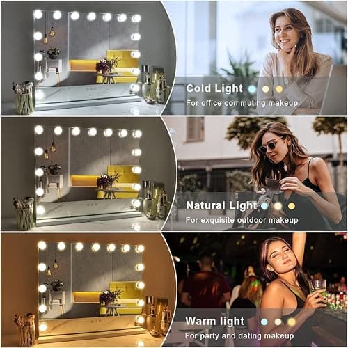 FENCHILIN Vanity Mirror with Lights, Hollywood Lighted Makeup Mirror with 15 Dimmable LED Bulbs for Dressing Room & Bedroom, Slim Metal Frame Design, White thumbnail 3