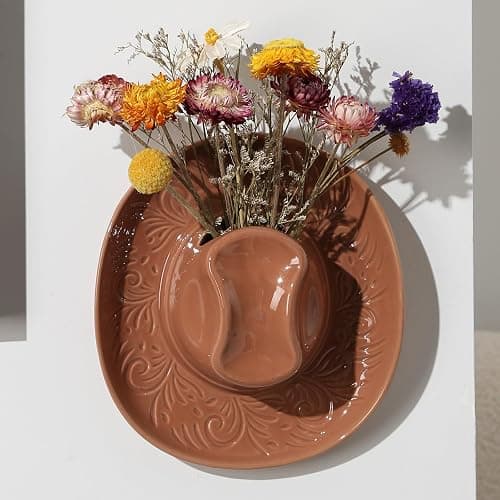Hanging Wall Planters for Indoor Plants, Wall Vases for Flowers, Ceramic Cowboy Hat Vases for Decor, for Bathroom, Living Room, Office, and Home Decor. Brown - Image 1