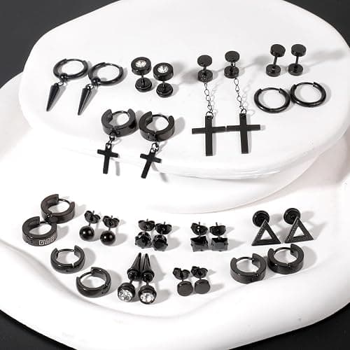 ONESING 15 Pairs Black Earrings for Men, Stainless Steel Mens Earrings set with Studs Hoop Earring Cross Dangle Earrings Hypoallergenic Ear Piercing Jewelry for Men Women thumbnail 7