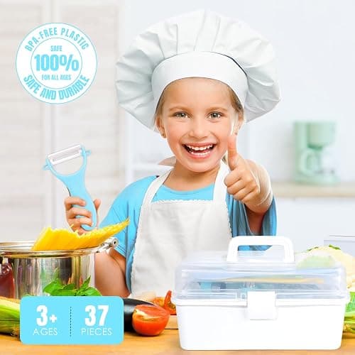 37PCS Kids Cooking Sets Real, Kids Cooking and Baking Gift Set with Storage Case Timer Kid Safe Knives Cutting Board, Toddler Real Kitchen Accessories, Birthday Gifts for Girls Boys Age 3 - 8 thumbnail 2