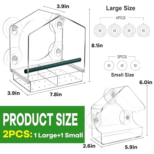 2PCS Window Bird Feeder with Strong Suction Cups, Bird Feeders for Outdoors, Clear Bird Feeder for Window, Outdoor Wild Bird Watching Gift for Women Mom Bird Lovers, Elderly Kids (1 Large+1 Small) thumbnail 2