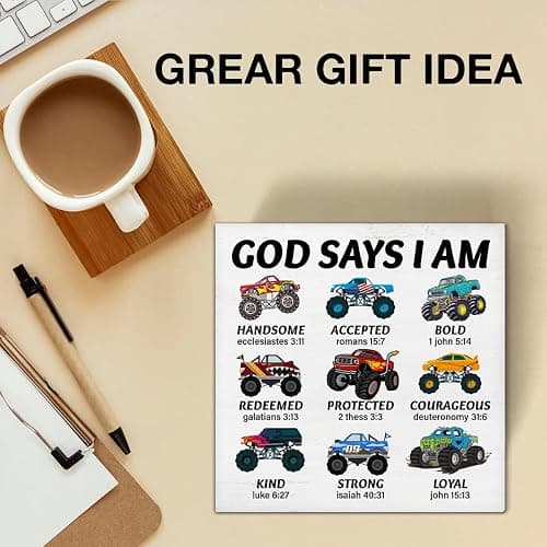 Christian Inspirational Sign God Says I Am Truck Wooden Sign Bible Verse Vehicle Car Decor for Teen Boy Room Playroom Home Bedroom Shelf 5 X 5 Inches thumbnail 6