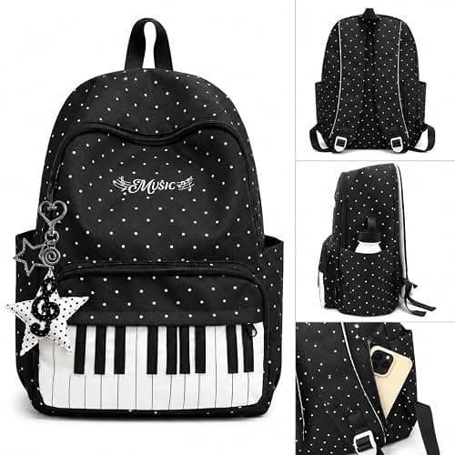 KFVIM Piano Backpack Whimsical Twee Backpack Y2k Cute Daypack Medium Bookbag Cutecore Supplies (Black) thumbnail 3
