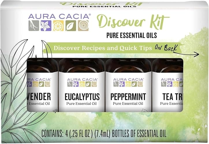 Aura Cacia Discover Essential Oils Kit, 4-Pack, Lavender, Eucalyptus, Peppermint & Tea Tree Oils, Excellent Starter Set - Image 1