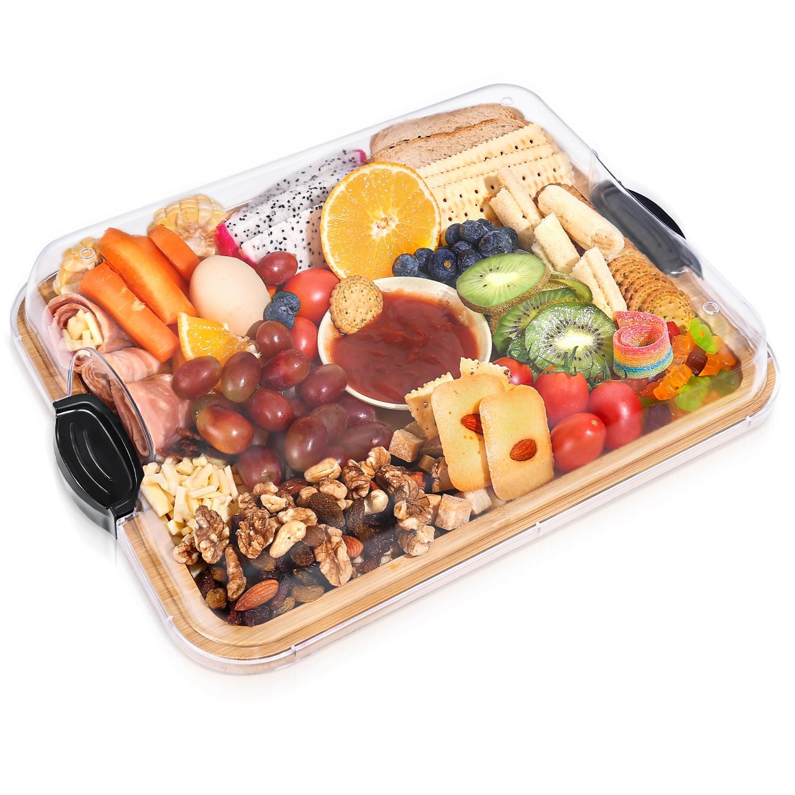 Feshory Premium Charcuterie Board with Clear Locking Lid for Appetizers & Snacks - Cheese Bamboo Board, Serving Tray Ideal for Food Lovers and Parties - Image 1