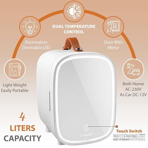 Crystals 4/10/15L Litre Mini Fridge, Table Top Small Fridge Cooler & Warmer for Car Bedrooms Desk Office, 12V DC - 220 AC, Mini Fridge for Bedrooms (LED Mirror [Design: 2] - WHITE, 4L Lights) thumbnail 9