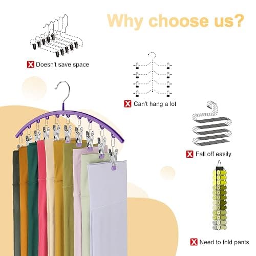Legging Organizer for Closet, Metal Yoga Pants Hanger w/Rubber Coated 4 Pack w/10 Clips Hold 40 Leggings, Hangers Space Saving Hanging, Closet Organizers and Storage-Purple thumbnail 3