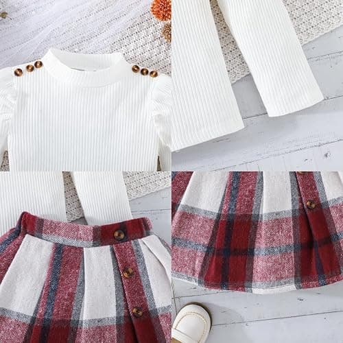 Guodeunh Toddler Girl Clothes,Girls Clothes Skirt Set Puff Sleeve Tops + Plaid Skirt 2 Pcs Fall Winter Outfits thumbnail 6